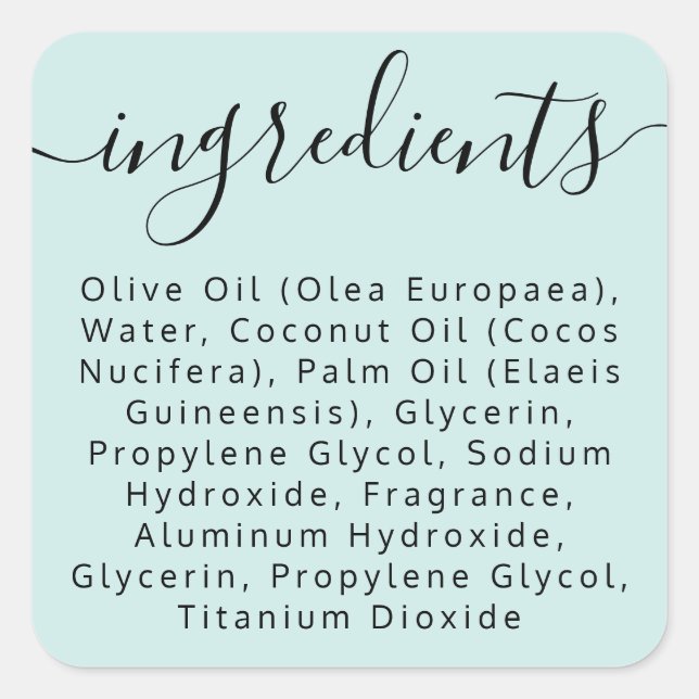Aqua blue script ingredient list product label (Front)