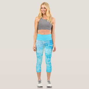 Aqua Blue Sea and White Mandala Yoga Capri Legging