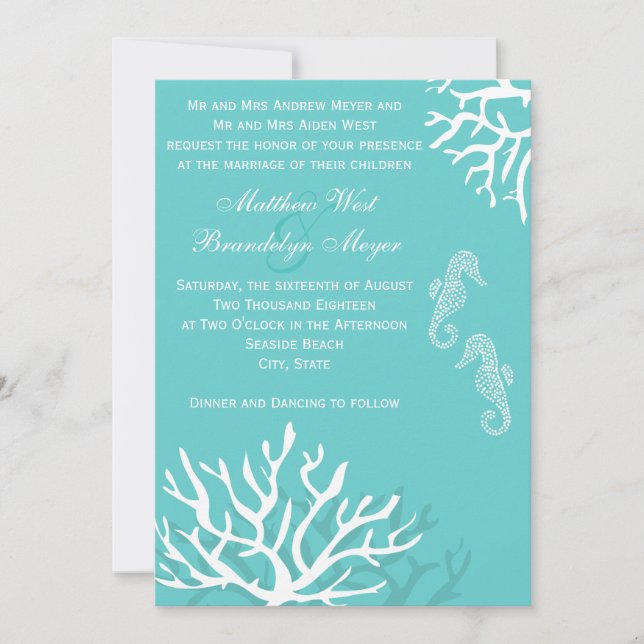 Aqua Blue Sea Coral Seahorse Wedding Invitations (Front)