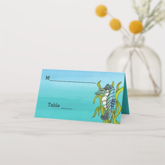 Aqua Blue Sea Creature in Seaweed Shades of Blue Place Card (Front)