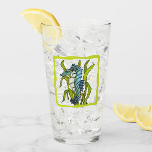 Aqua Blue Sea Dragon Creature Seaweed Green Border Glass