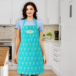 Aqua Blue Seahorses Pattern Monogrammed Chefs Apron