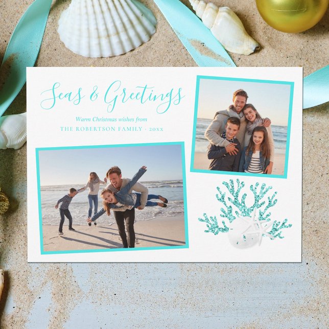 Aqua Blue Seas & Greetings Beach Christmas 2 Photo Holiday Card (Creator Uploaded)