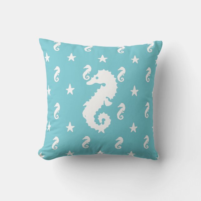 Aqua Blue Seashell and Seahorses Pillow (Front)