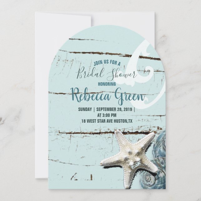 aqua blue seashell beach bridal shower invitation (Front)