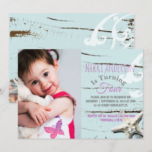aqua blue seashell beach photo Birthday party Invitation