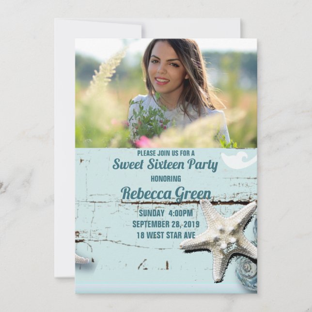 aqua blue seashell beach Sweet sixteen party Invitation (Front)