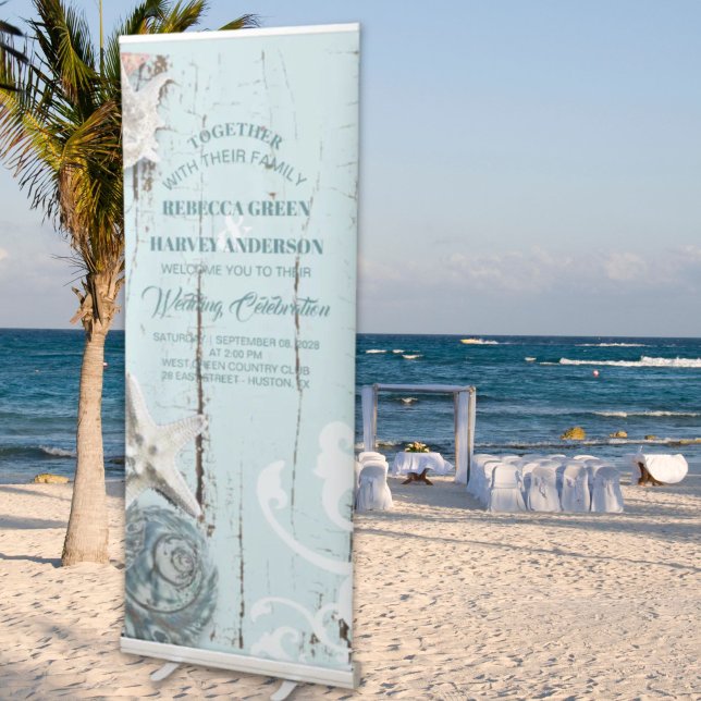aqua blue seashell beach wedding reception retractable banner (aqua blue seashell beach wedding reception retractable banner)