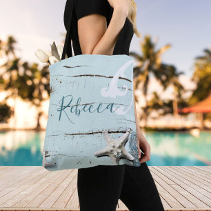 aqua blue seashell starfish beach bridesmaid tote bag
