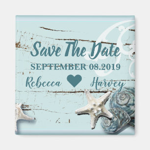 aqua blue seashell starfish wedding save the date magnet