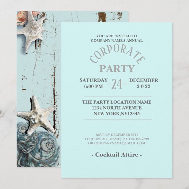 aqua blue seashells tropical beach Corporate Party Invitation (Front/Back)