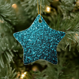 Aqua blue shiny faux glitter sparkles ceramic tree decoration