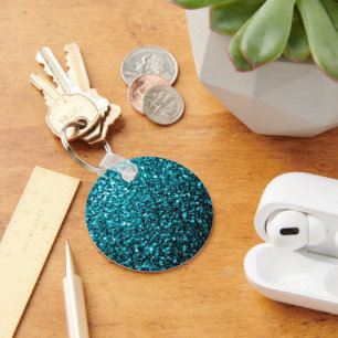 Aqua blue shiny faux glitter sparkles key ring