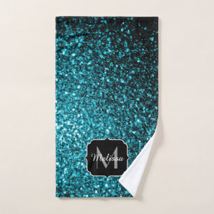 Aqua blue shiny faux glitter sparkles Monogram Bath Towel Set