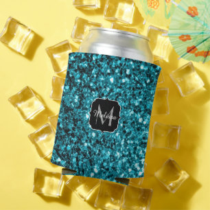 Aqua blue shiny faux glitter sparkles Monogram Can Cooler