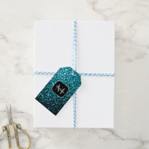 Aqua blue shiny faux glitter sparkles Monogram Gift Tags