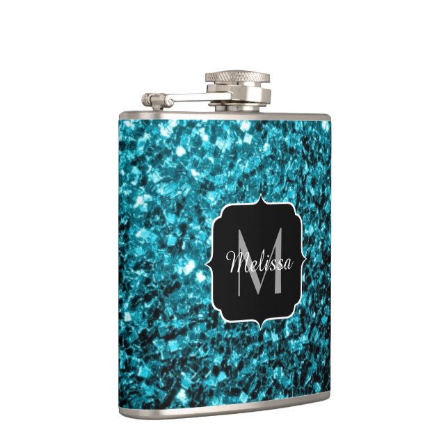 Aqua blue shiny faux glitter sparkles Monogram Hip Flask (Right)