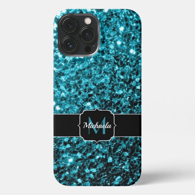 Aqua blue shiny faux glitter sparkles Monogram iPhone Case (Back)