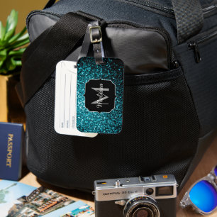 Aqua blue shiny faux glitter sparkles Monogram Luggage Tag