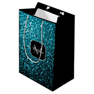 Aqua blue shiny faux glitter sparkles Monogram Medium Gift Bag