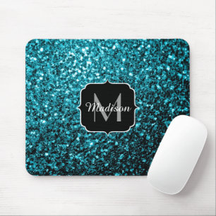 Aqua blue shiny faux glitter sparkles Monogram Mouse Mat