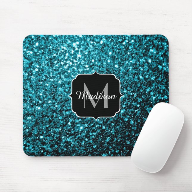 Aqua blue shiny faux glitter sparkles Monogram Mouse Mat (With Mouse)