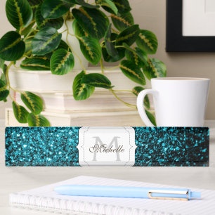 Aqua blue shiny faux glitter sparkles Monogram Nameplate