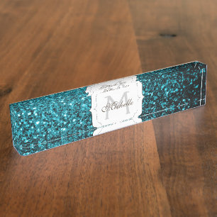Aqua blue shiny faux glitter sparkles Monogram Nameplate