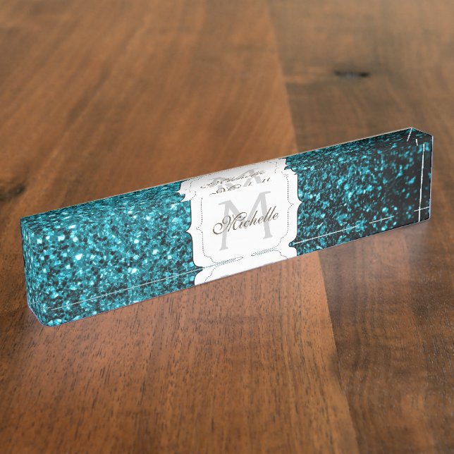 Aqua blue shiny faux glitter sparkles Monogram Nameplate (Side)