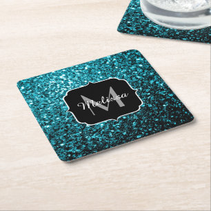 Aqua blue shiny faux glitter sparkles Monogram Square Paper Coaster