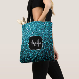Aqua blue shiny faux glitter sparkles Monogram Tote Bag