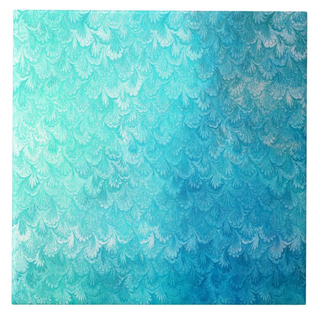 Aqua Blue Shiny Sea Shell Mermaid Fish Scales Tile (Front)