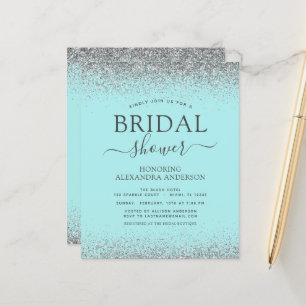 Aqua Blue Silver Glitter Bridal Shower Invitation