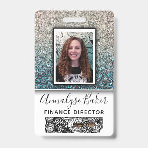 Aqua Blue Silver Glitter Employee Nurse Photo Name ID Badge