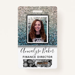 Aqua Blue Silver Glitter Employee Nurse Photo Name ID Badge