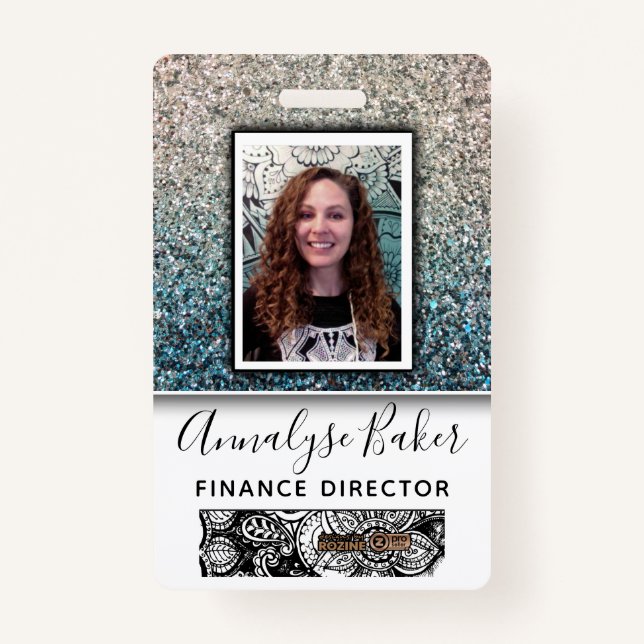 Aqua Blue Silver Glitter Employee Nurse Photo Name ID Badge (Front)