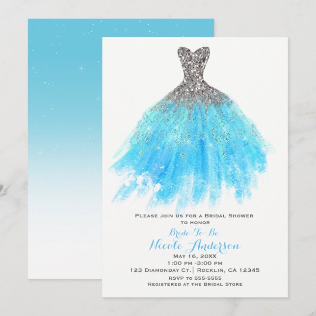 Aqua Blue Silver Glitter Glam Dress Bridal Shower Invitation (Front/Back)