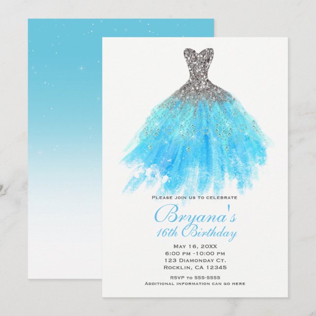 Aqua Blue Silver Glitter Glam Dress Sweet 16 Party Invitation (Front/Back)