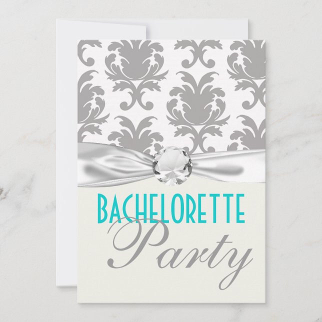 aqua blue silver grey gr damask bachelorette party invitation (Front)