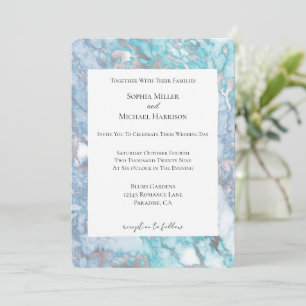 Aqua Blue Silver Marble Wedding Invitation
