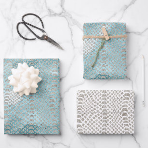 Aqua Blue Silver Snake Print Birthday Wrapping Paper Sheet