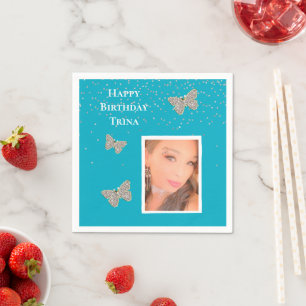 Aqua Blue Silver Sparkle Butterflies Your Photo Napkin