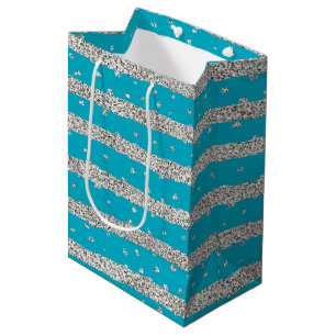 Aqua Blue Silver Sparkly Confetti Stripes Medium Gift Bag