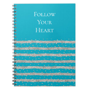 Aqua Blue Silver Sparkly Confetti Stripes Notebook