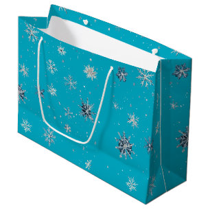 Aqua Blue Silver White Christmas Snowflakes Large Gift Bag