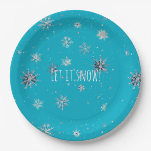 Aqua Blue Silver White Christmas Snowflakes Paper Plate