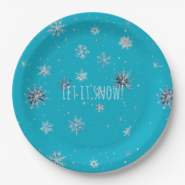 Aqua Blue Silver White Christmas Snowflakes Paper Plate (Front)