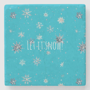 Aqua Blue Silver White Christmas Snowflakes Stone Coaster