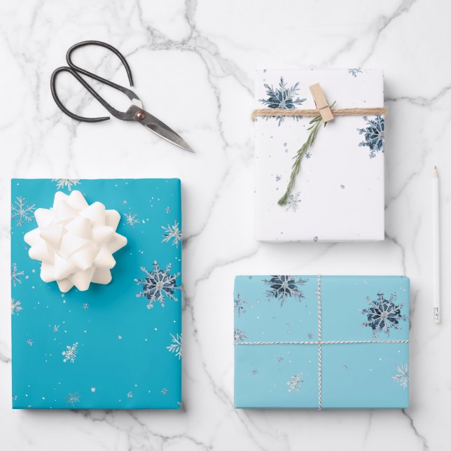 Aqua Blue Silver White Christmas Snowflakes Wrapping Paper Sheet (Front)