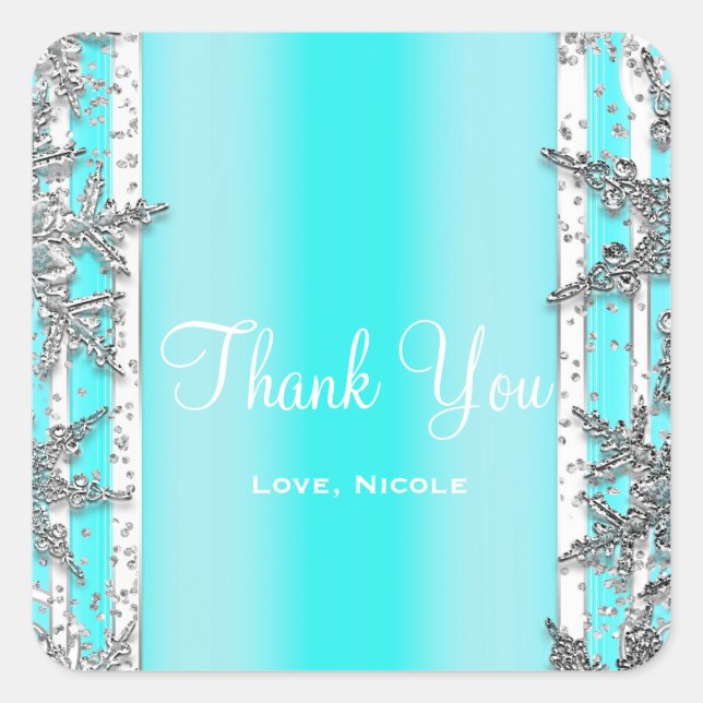 Aqua Blue & Silver Winter Snowflakes Elegant Party Square Sticker (Front)